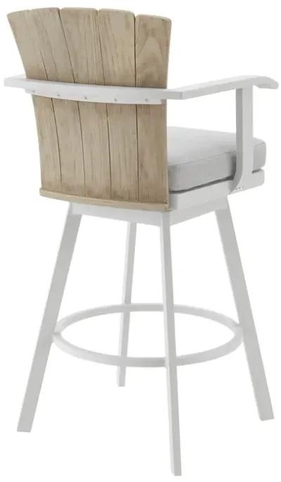 Hazel Outdoor Patio Swivel Counter Stool in Aluminum with Teak Wood and Argent Gray Cushion