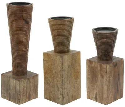 Wood, 13"h, Geometric Candle Holder, Brown