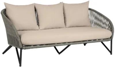 Benicia Outdoor Patio 4 Piece Conversation Set in Weathered Eucalyptus Wood and Metal with Gray Rope and Taupe Cushions