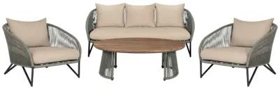 Benicia Outdoor Patio 4 Piece Conversation Set in Weathered Eucalyptus Wood and Metal with Gray Rope and Taupe Cushions