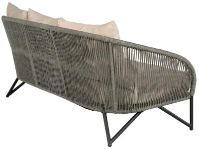 Benicia Outdoor Patio 4 Piece Conversation Set in Weathered Eucalyptus Wood and Metal with Gray Rope and Taupe Cushions