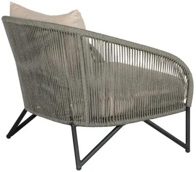 Benicia Outdoor Patio 4 Piece Conversation Set in Weathered Eucalyptus Wood and Metal with Gray Rope and Taupe Cushions