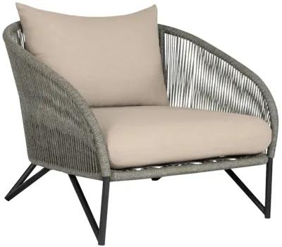 Benicia Outdoor Patio 4 Piece Conversation Set in Weathered Eucalyptus Wood and Metal with Gray Rope and Taupe Cushions