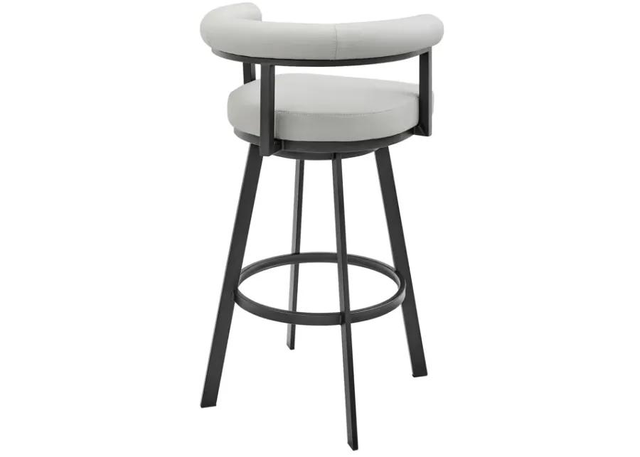 Nolagam Swivel Counter Stool in Black Metal with Light Gray Faux Leather