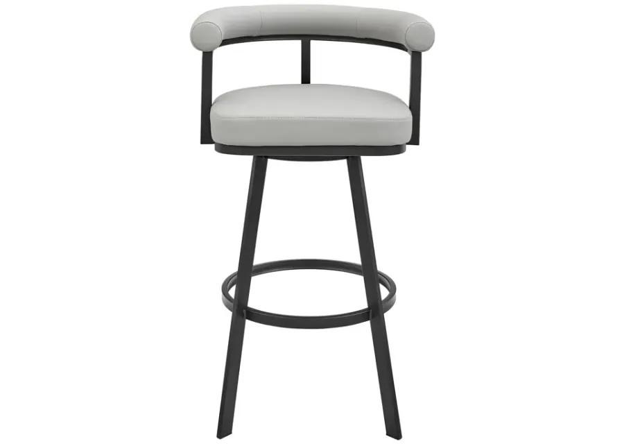 Nolagam Swivel Counter Stool in Black Metal with Light Gray Faux Leather