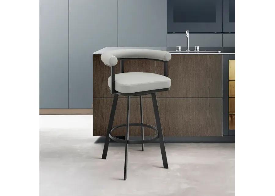 Nolagam Swivel Counter Stool in Black Metal with Light Gray Faux Leather