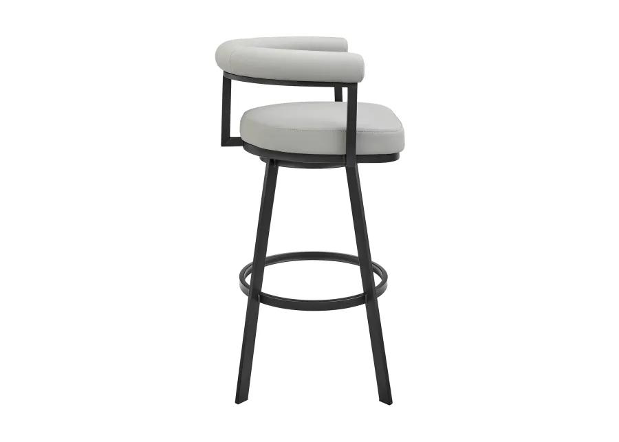 Nolagam Swivel Counter Stool in Black Metal with Light Gray Faux Leather