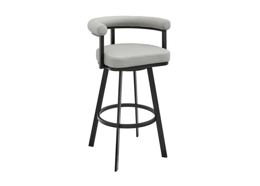 Nolagam Swivel Counter Stool in Black Metal with Light Gray Faux Leather