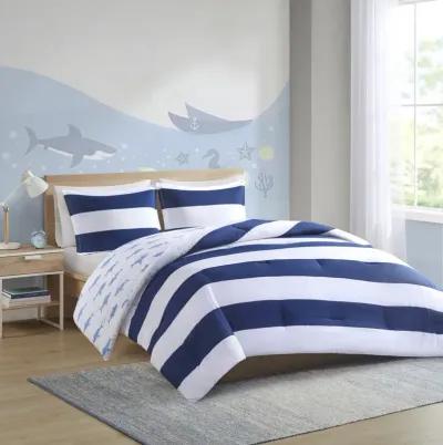 Urban Habitat Kids Sammie Navy Cotton Cabana Stripe Reversible Comforter Set with Shark Reverse