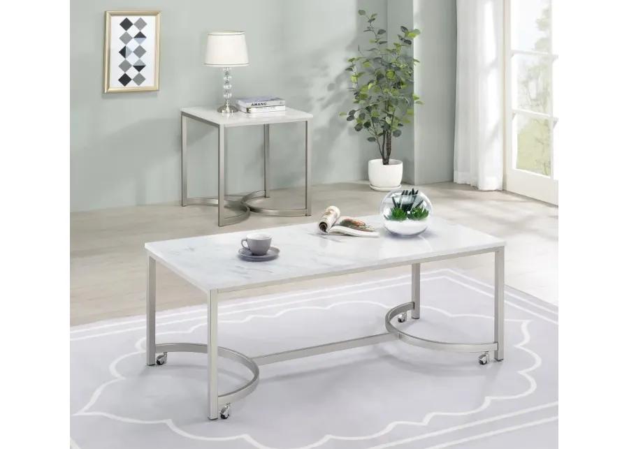 Leona Faux Marble Square End Table White and Satin Nickel