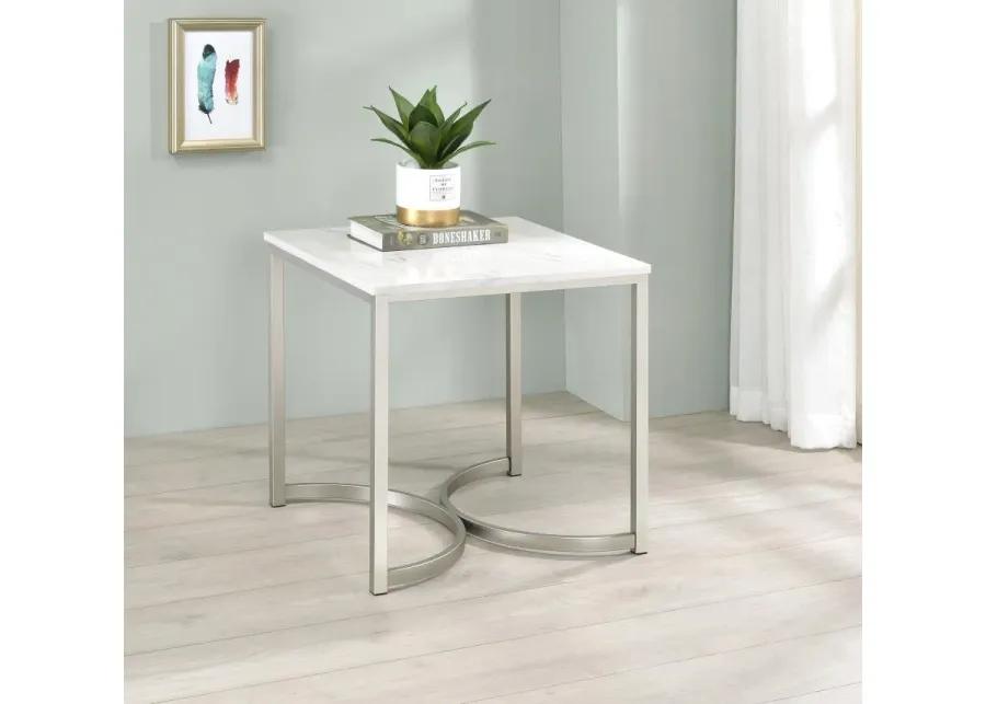 Leona Faux Marble Square End Table White and Satin Nickel