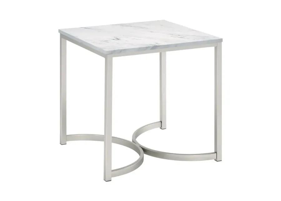 Leona Faux Marble Square End Table White and Satin Nickel