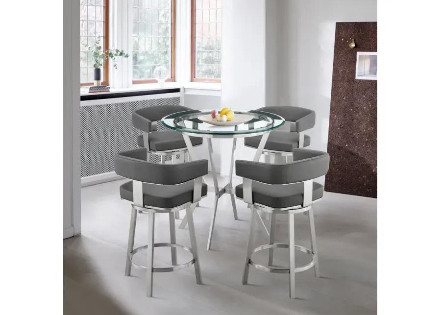 Naomi and Lorin 5-Piece Counter Height Dining Set in Brushed Stainless Steel and Grey Faux Leather