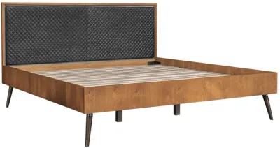 Coco Rustic Oak Wood Upholstered Faux Leather King Platform Bed