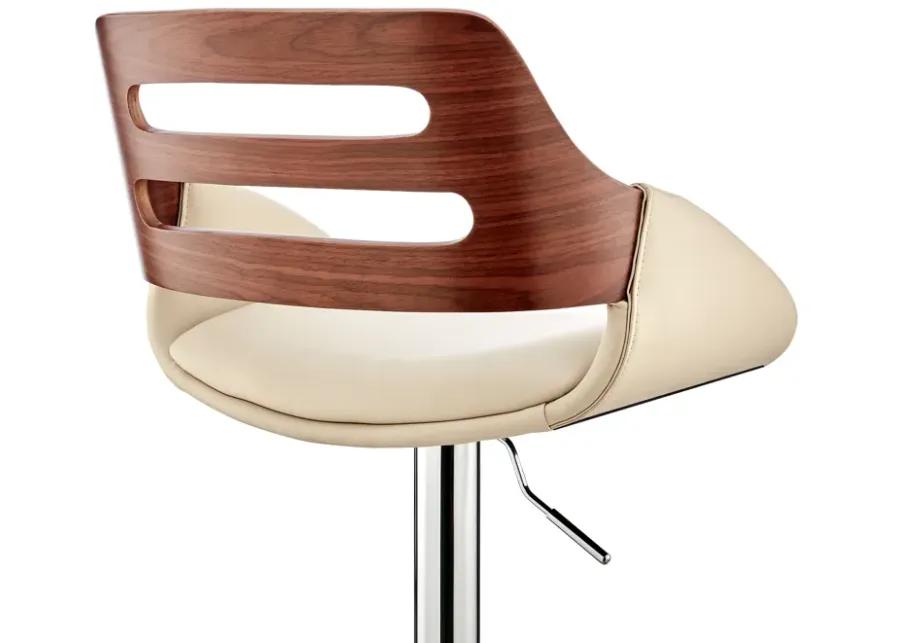 Karter Adjustable Cream Faux Leather and Walnut Wood Bar Stool with Chrome Base