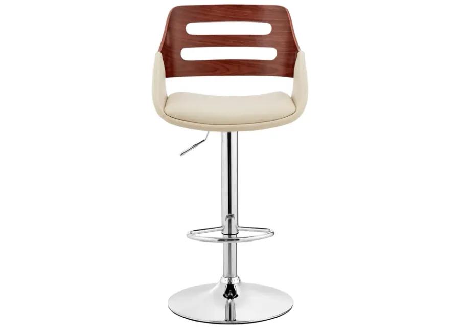 Karter Adjustable Cream Faux Leather and Walnut Wood Bar Stool with Chrome Base