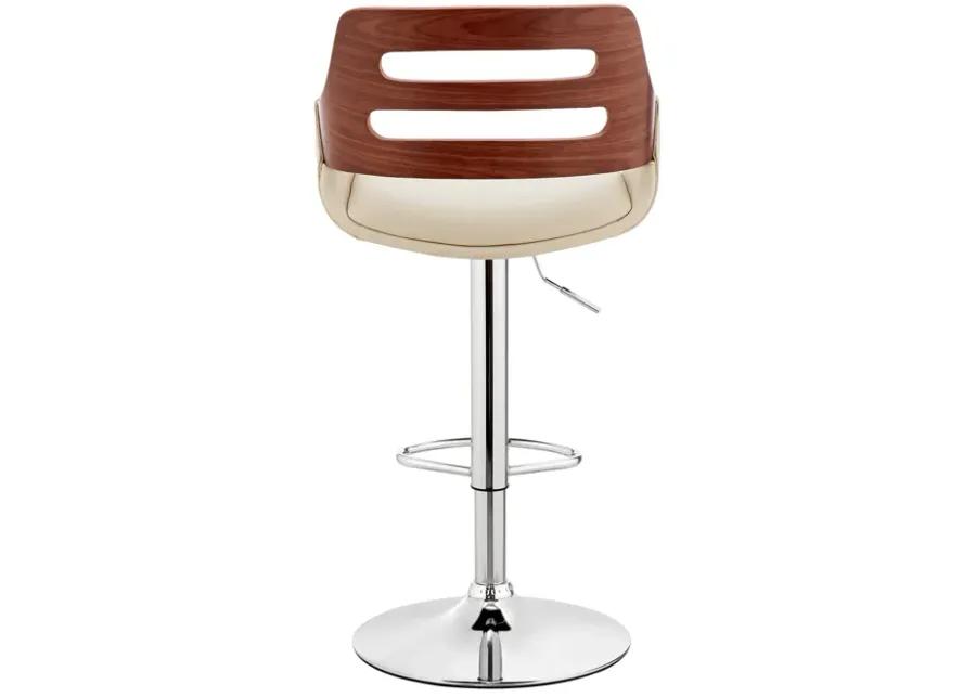 Karter Adjustable Cream Faux Leather and Walnut Wood Bar Stool with Chrome Base