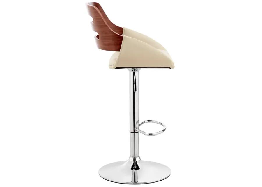 Karter Adjustable Cream Faux Leather and Walnut Wood Bar Stool with Chrome Base