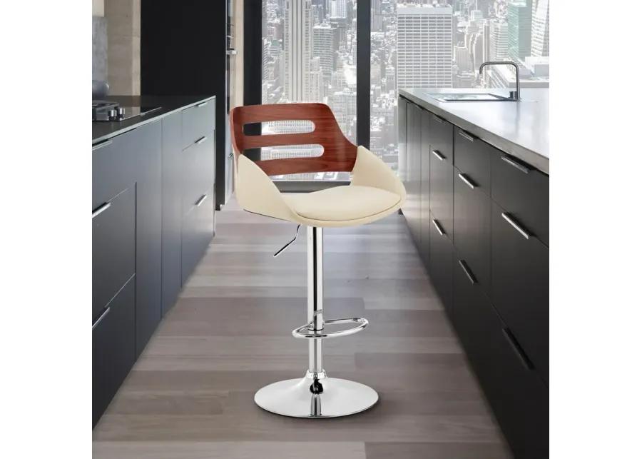 Karter Adjustable Cream Faux Leather and Walnut Wood Bar Stool with Chrome Base