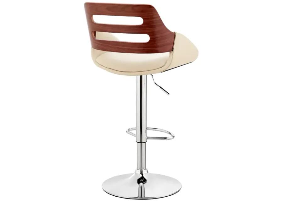 Karter Adjustable Cream Faux Leather and Walnut Wood Bar Stool with Chrome Base