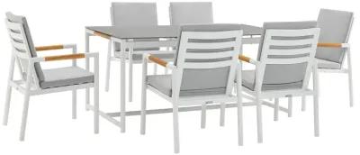 Royal 7 Piece White Aluminum and Teak Outdoor Dining Set with Light Gray Fabric