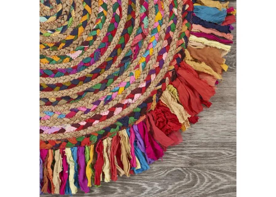 Nature Bright Multicolor Braided Chindi Cotton Blend Indoor Round Area Rug 3'6"