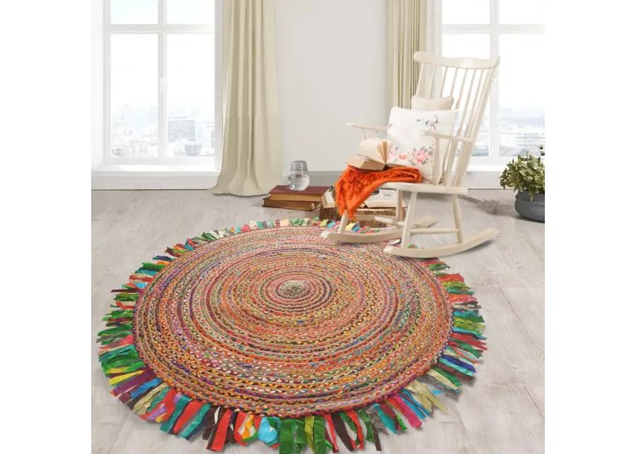 Nature Bright Multicolor Braided Chindi Cotton Blend Indoor Round Area Rug 3'6"