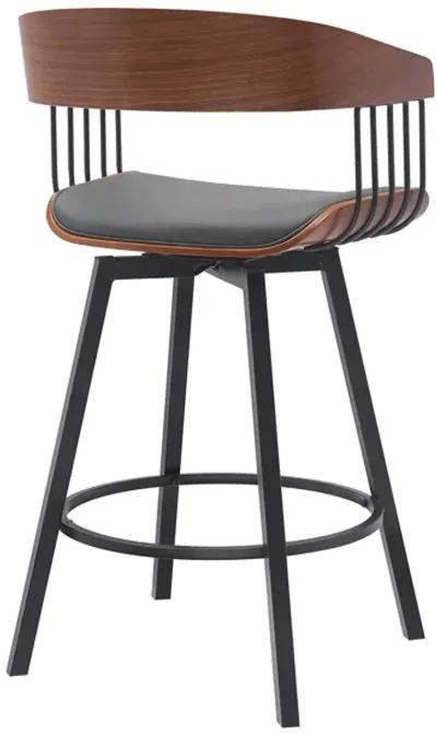 Athena 27" Swivel Walnut Wood Counter Stool in Gray Faux Leather with Black Metal