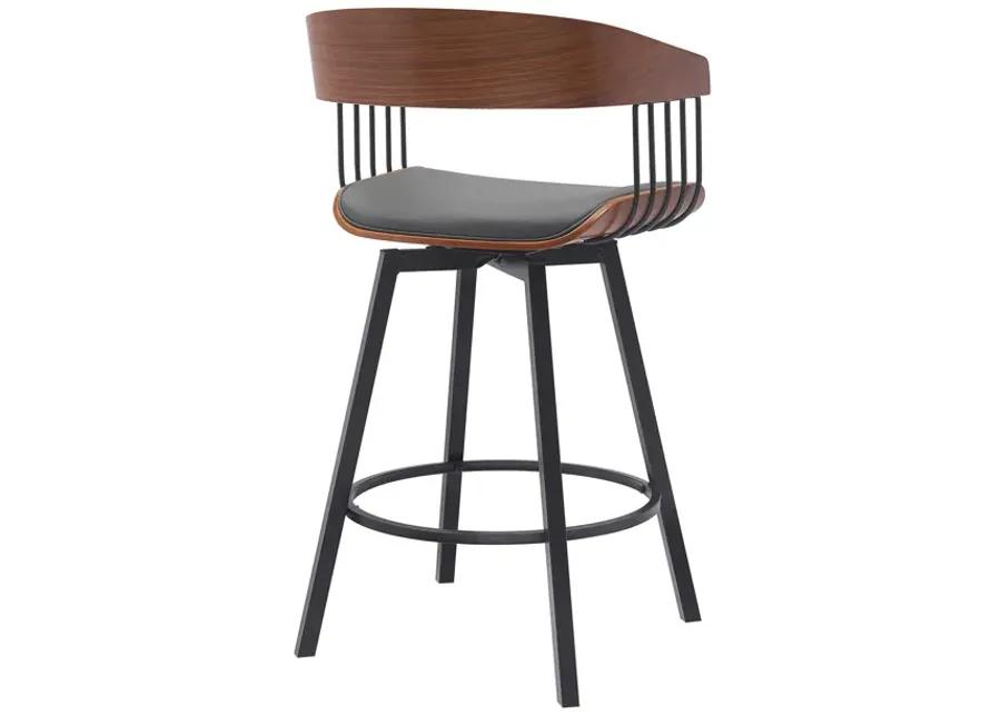 Athena 27" Swivel Walnut Wood Counter Stool in Gray Faux Leather with Black Metal