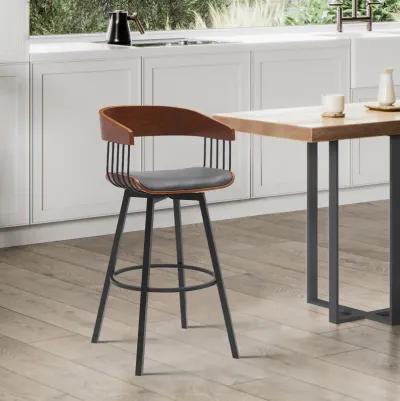 Athena 27" Swivel Walnut Wood Counter Stool in Gray Faux Leather with Black Metal