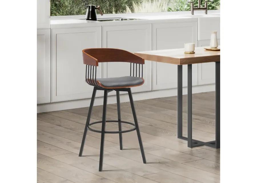 Athena 27" Swivel Walnut Wood Counter Stool in Gray Faux Leather with Black Metal