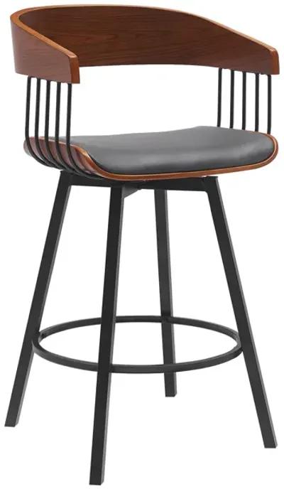 Athena 27" Swivel Walnut Wood Counter Stool in Gray Faux Leather with Black Metal