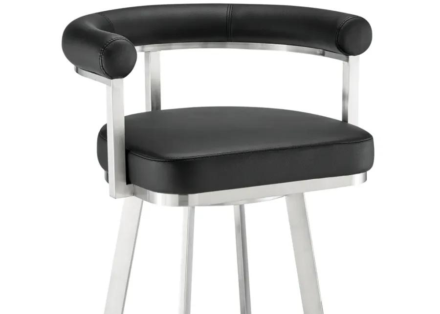 Magnolia 30" Swivel Bar Stool in Brushed Stainless Steel with Black Faux Leather