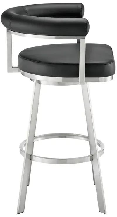 Magnolia 30" Swivel Bar Stool in Brushed Stainless Steel with Black Faux Leather