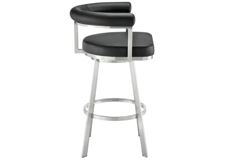 Magnolia 30" Swivel Bar Stool in Brushed Stainless Steel with Black Faux Leather