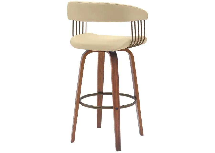 Topanga 30.5" Swivel Walnut Wood Bar Stool in Cream Faux Leather with Golden Bronze Metal