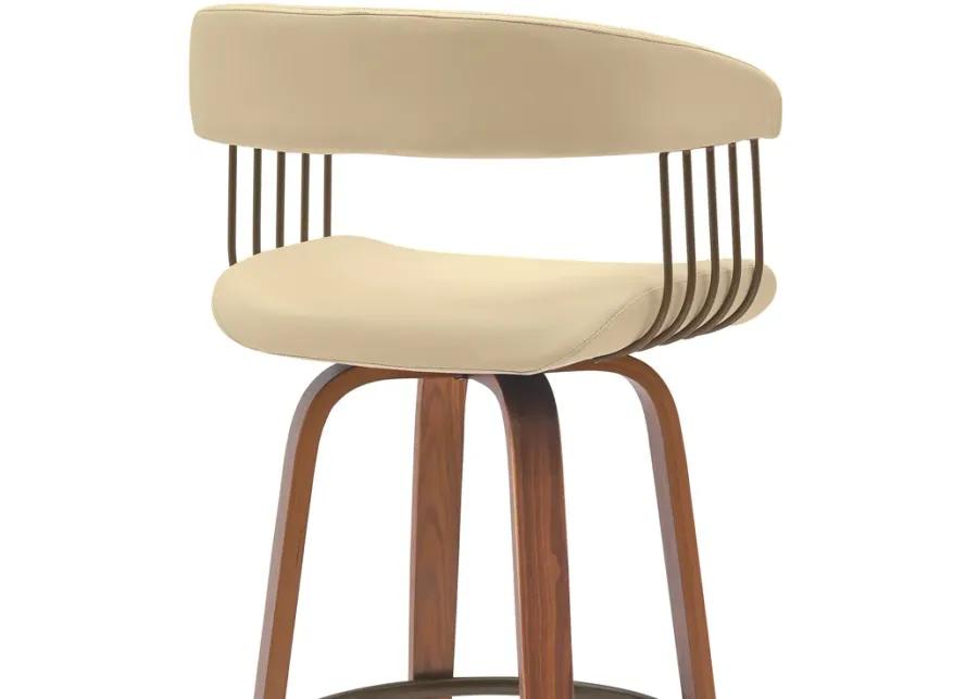 Topanga 30.5" Swivel Walnut Wood Bar Stool in Cream Faux Leather with Golden Bronze Metal