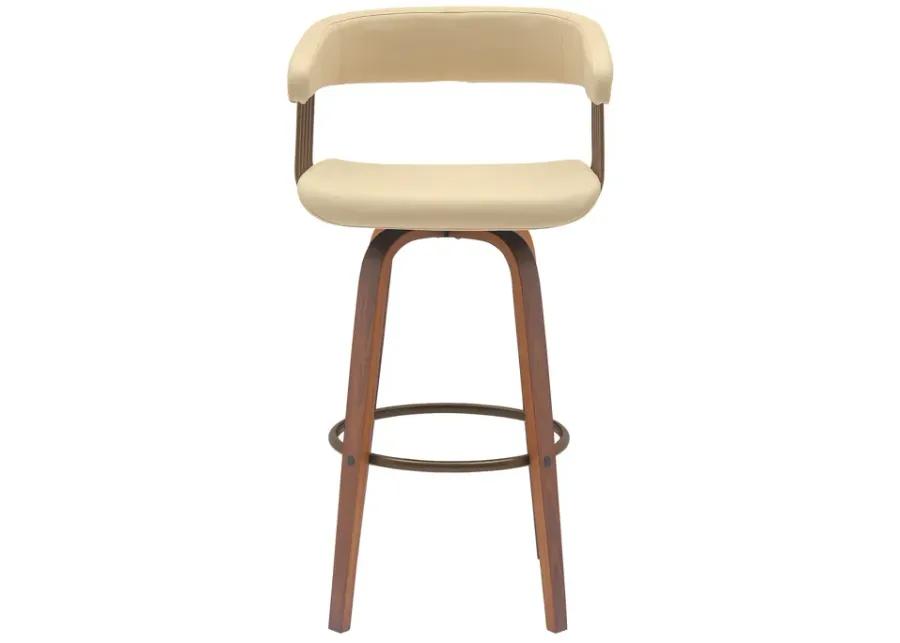 Topanga 30.5" Swivel Walnut Wood Bar Stool in Cream Faux Leather with Golden Bronze Metal