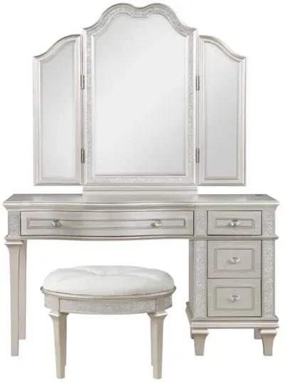 Evangeline 3-piece Vanity Table Set with Tri-Fold Mirror and Stool Silver Oak