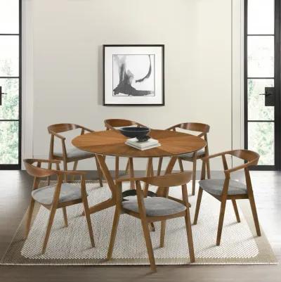 Santana 7 Piece Round Walnut Wood Dining Table Set with Charcoal Fabric