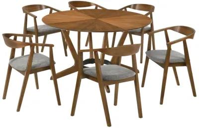 Santana 7 Piece Round Walnut Wood Dining Table Set with Charcoal Fabric