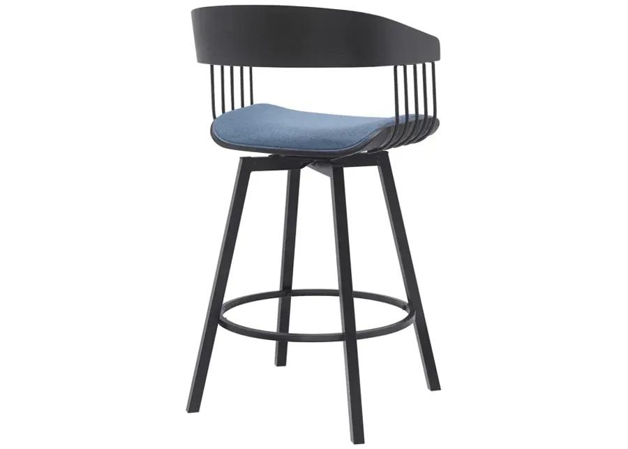 Athena 27" Swivel Black Wood Counter Stool in Blue Fabric with Black Metal