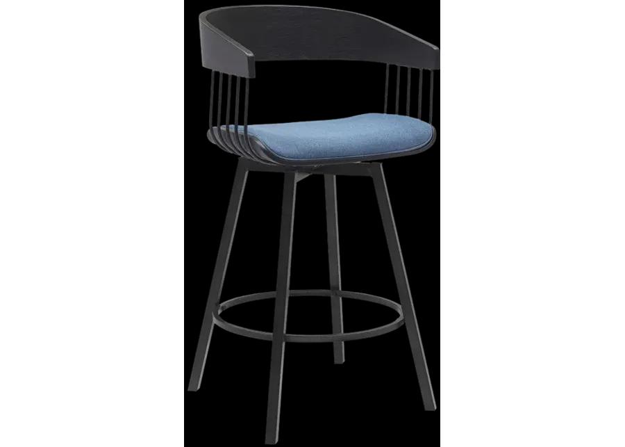 Athena 27" Swivel Black Wood Counter Stool in Blue Fabric with Black Metal