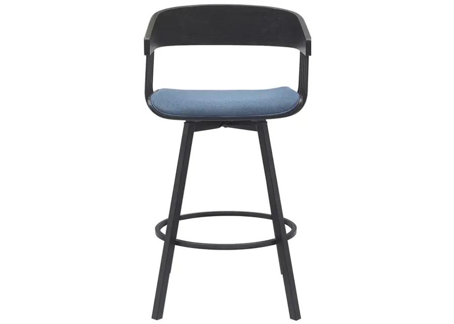 Athena 27" Swivel Black Wood Counter Stool in Blue Fabric with Black Metal