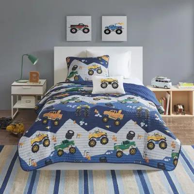 Mi Zone Kids Nash Blue Monster Truck Reversible Quilt Set with Throw Pillow