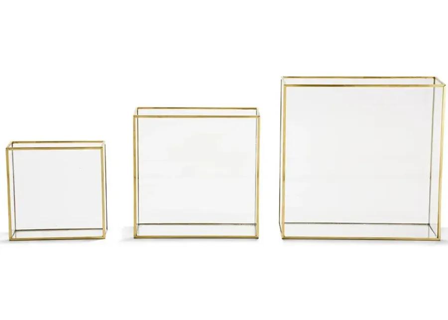 S/3 Windows Square Vase W/Gold Metal Trim in 3 Sizes