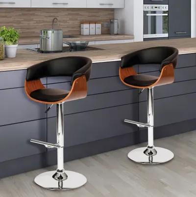 Paris Black Faux Leather Adjustable Height Swivel Walnut Wood and Chrome Bar Stool