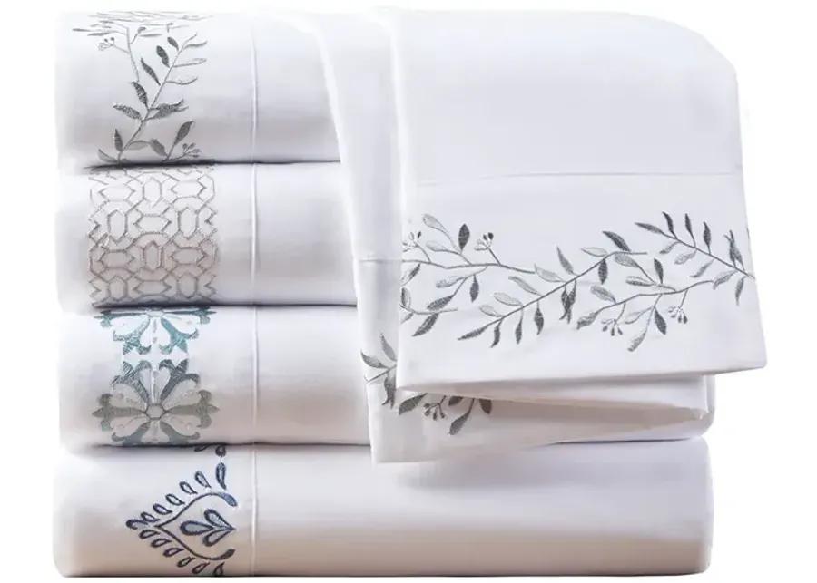 Madison Park Embroidered Microfiber Green Vine Leaves 4 PC Sheet Set