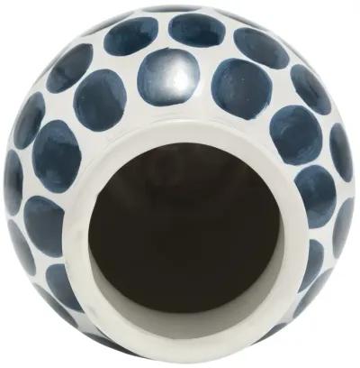 Cer, 10"h Navy Polk-a-dot Flower Vase, White