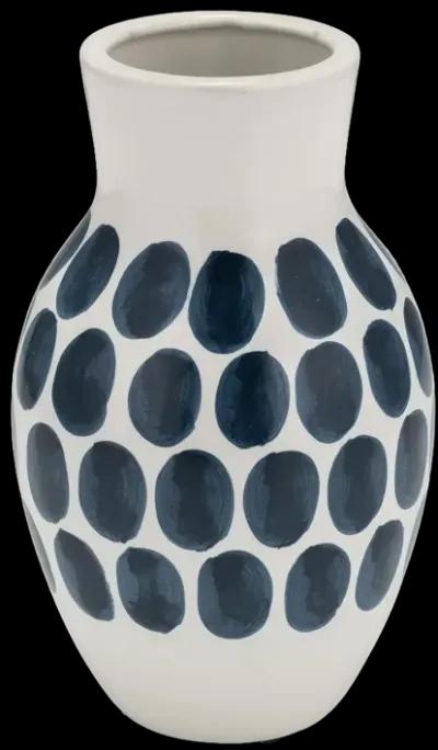 Cer, 10"h Navy Polk-a-dot Flower Vase, White